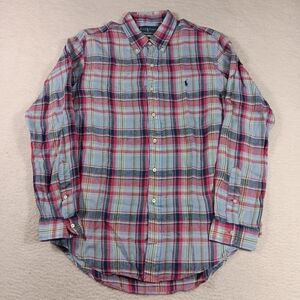 Vintage Ralph Lauren Shirt Mens Large Blue Custom Fit Linen Madras Plaid